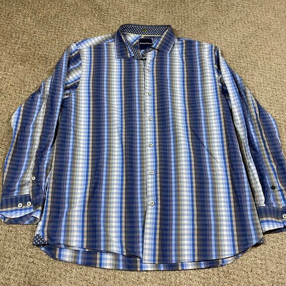 Tommy Bahama Shirt Mens L Checkered Striped Geometric Office Blue Button Up - Picture 1 of 7